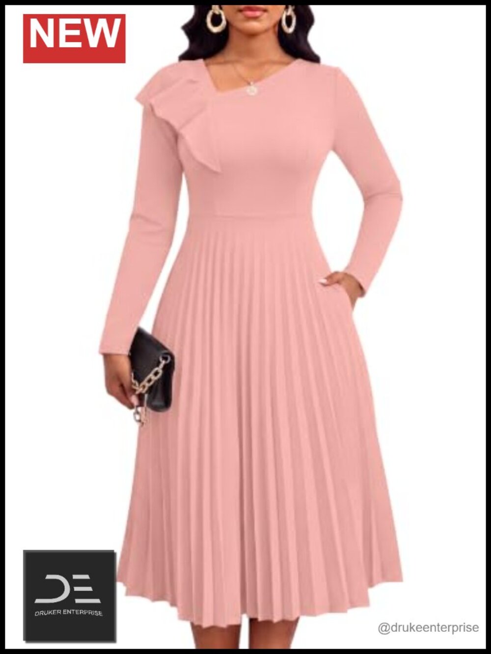 Pleated Dress Women Long Sleeve Ruffle Church Fall Dresses